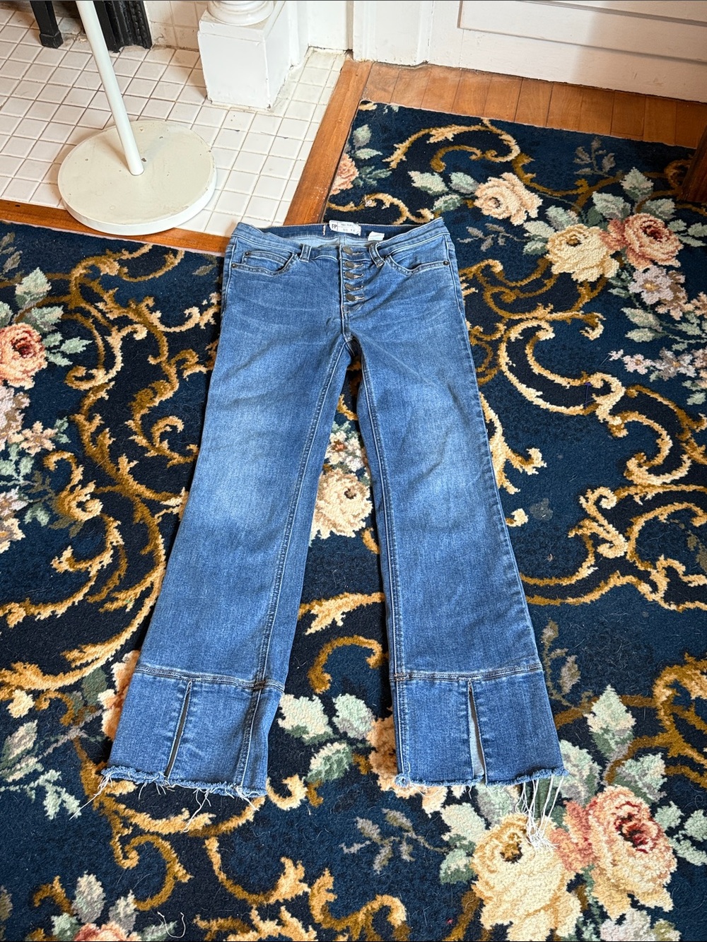 Free People Blue Button-Fly Jeans with Raw Step Hem- worn a bunch- no flaws